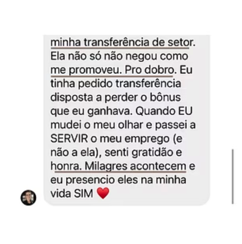 Depoimento de aluna sobre promoção no trabalho